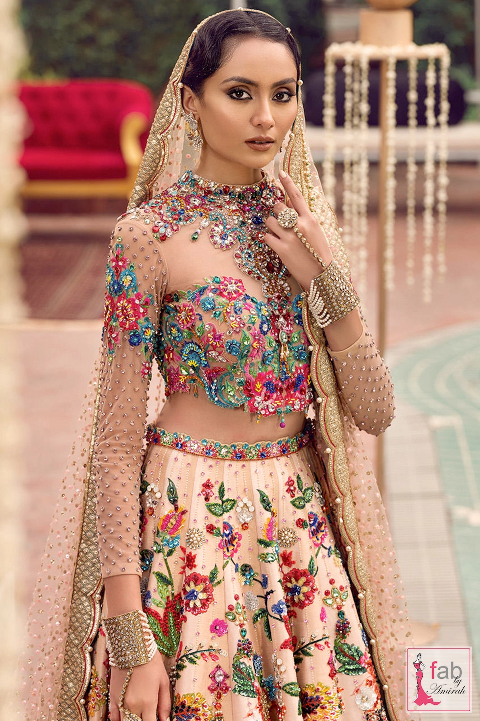 Medium shot of sheer net blouse with multicolor floral embroidery