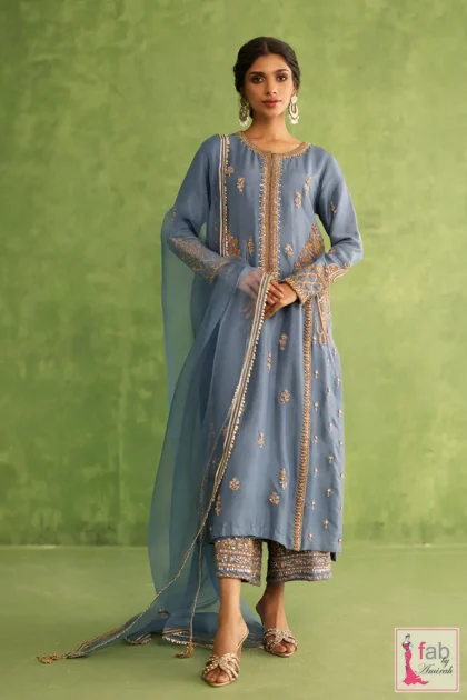 Raw Silk Kurta Set in revel blue with gold marori borders