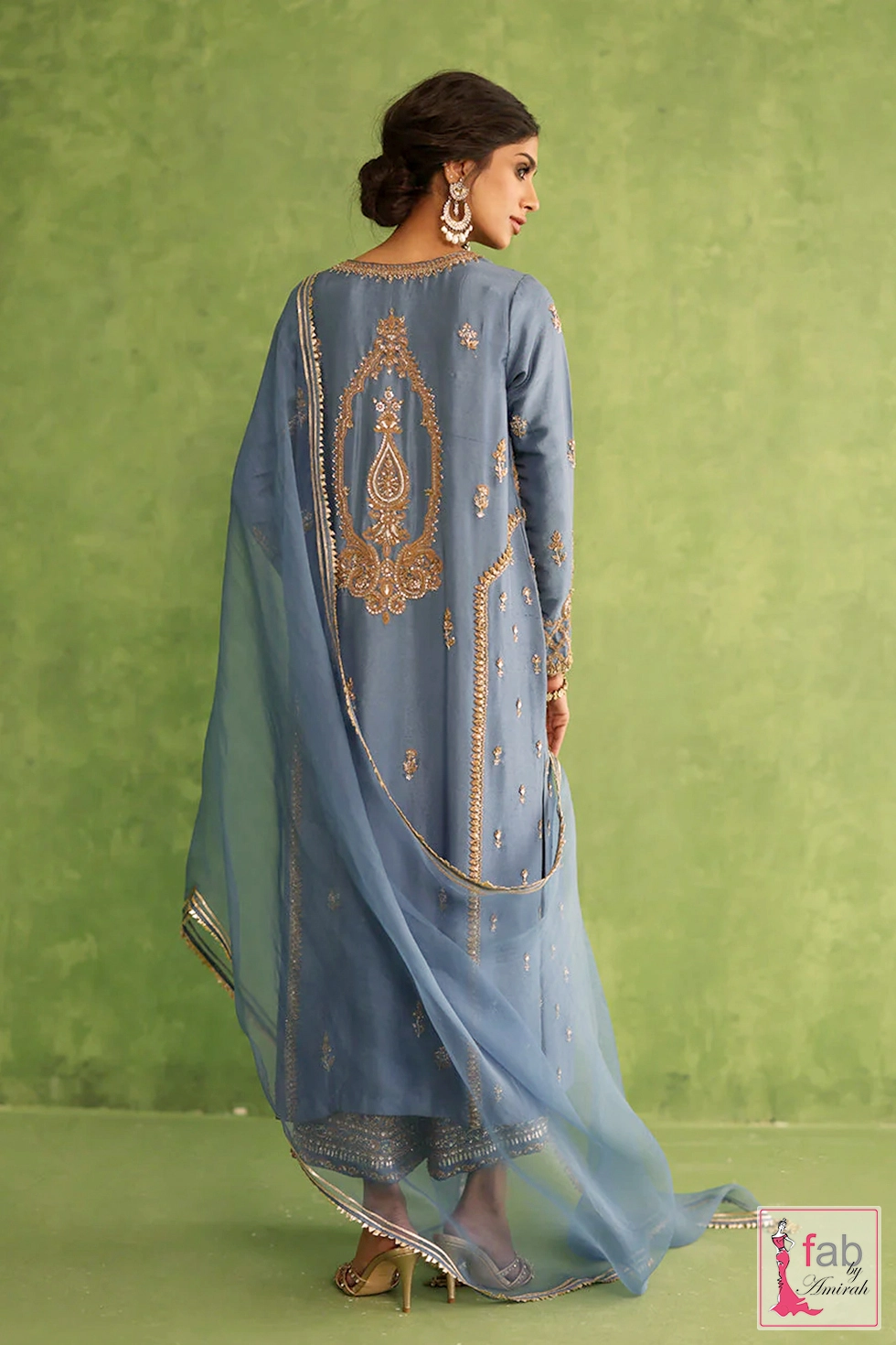Sheer blue organza dupatta bordered cleanly with gold gota lace trims Sheer blue organza dupatta bordered cleanly with gold gota lace trims