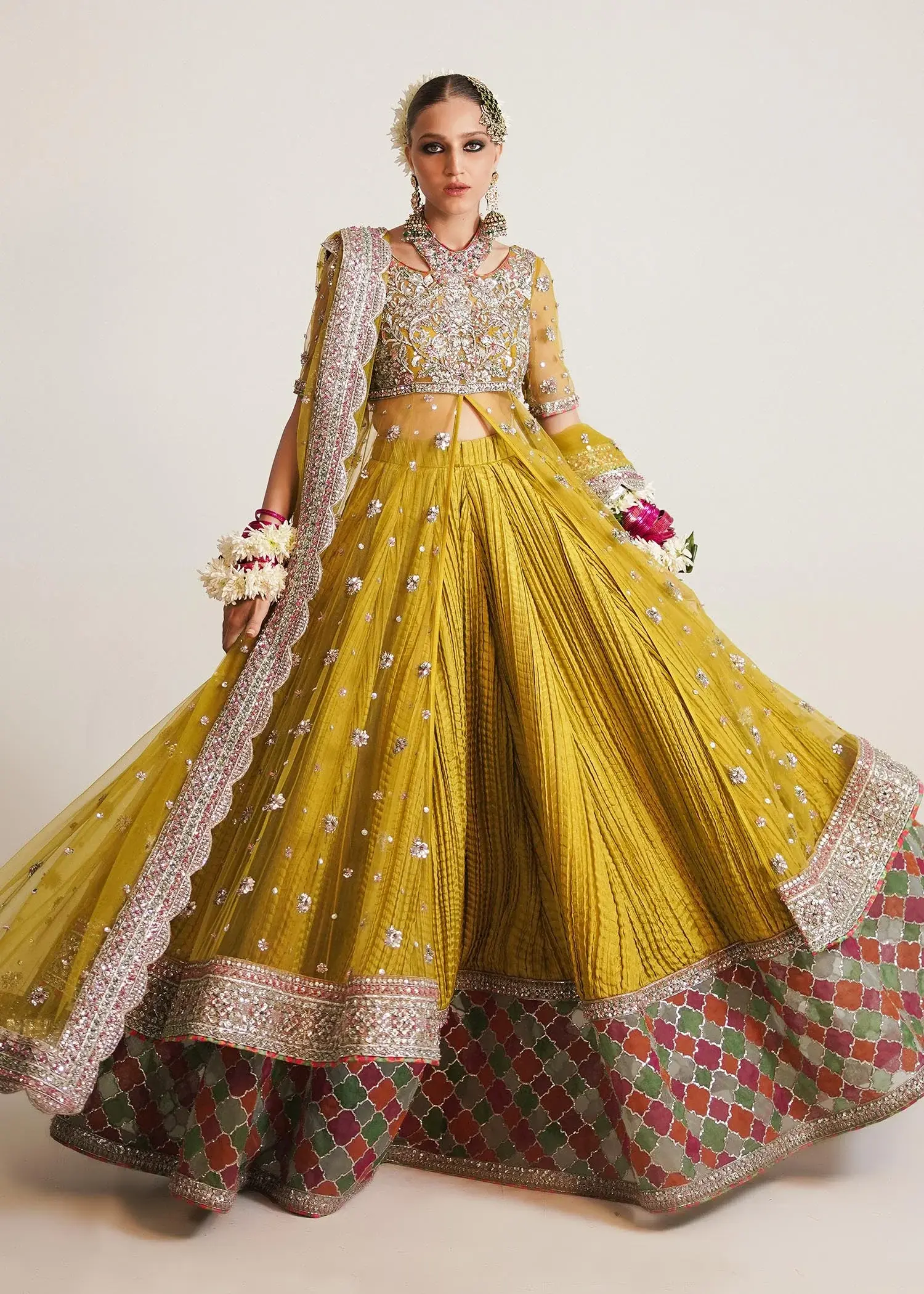 Lime Yellow Net Peshwas with Sharara