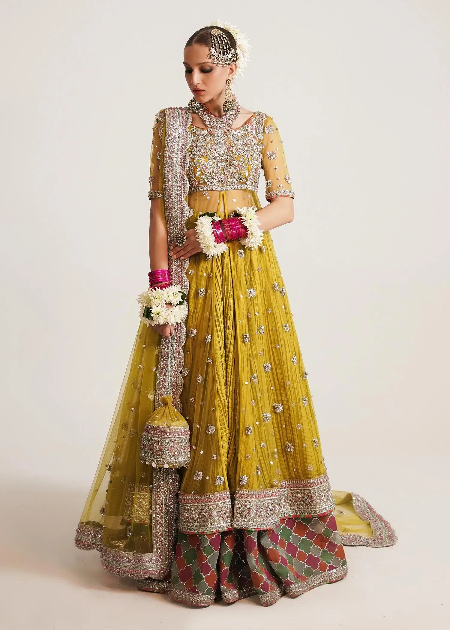 Lime Yellow Net Peshwas with Sharara