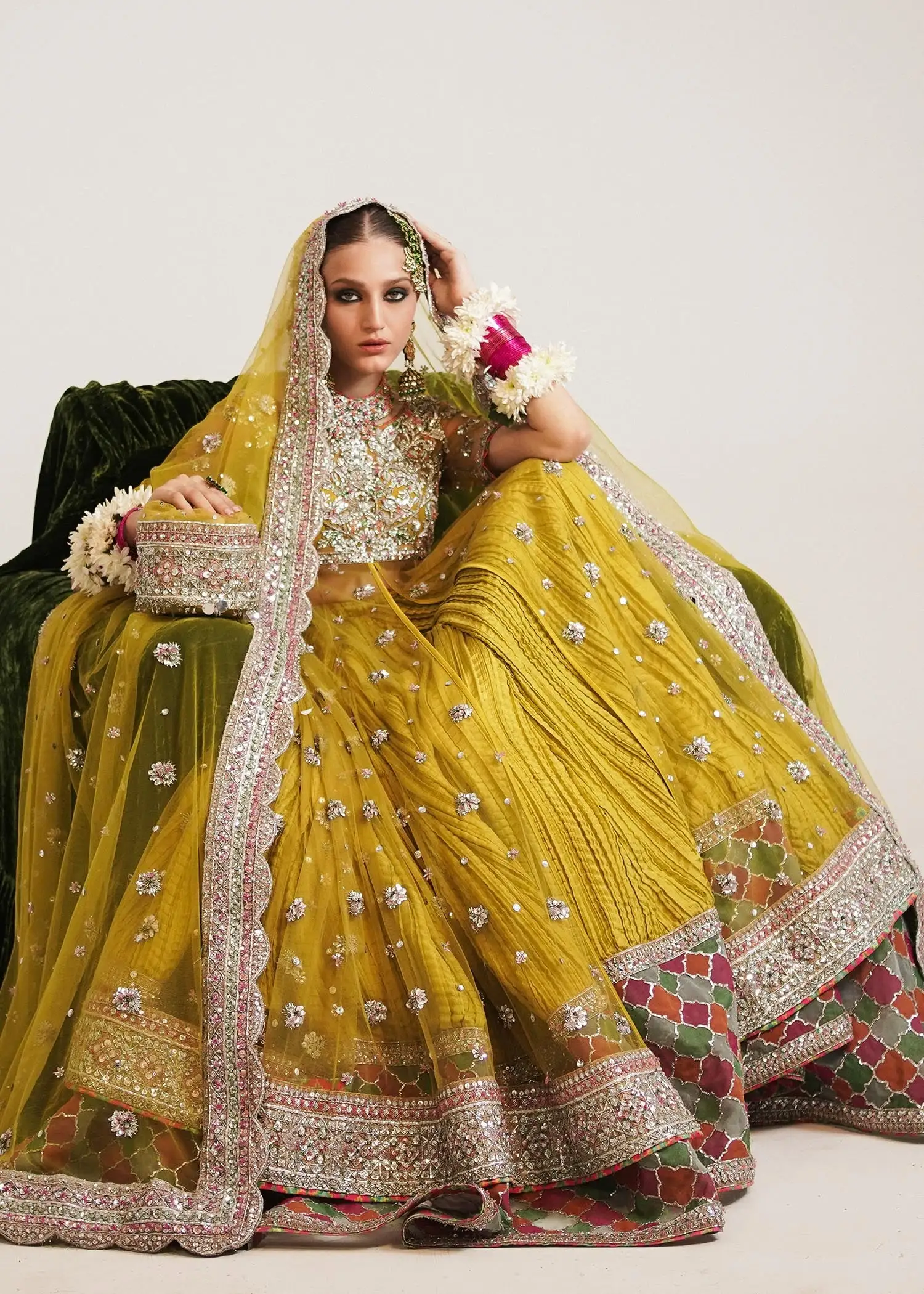 Lime Yellow Net Peshwas with Sharara