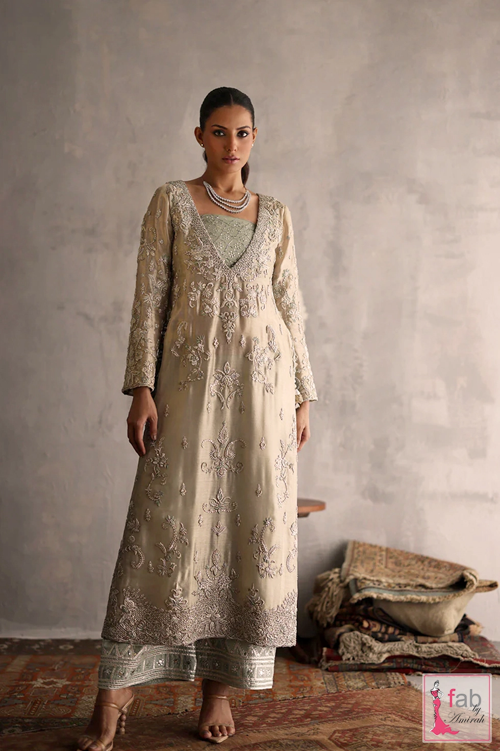 Meysuri shirt with raw silk culottes in ivory festive tones by Fab By Amirah