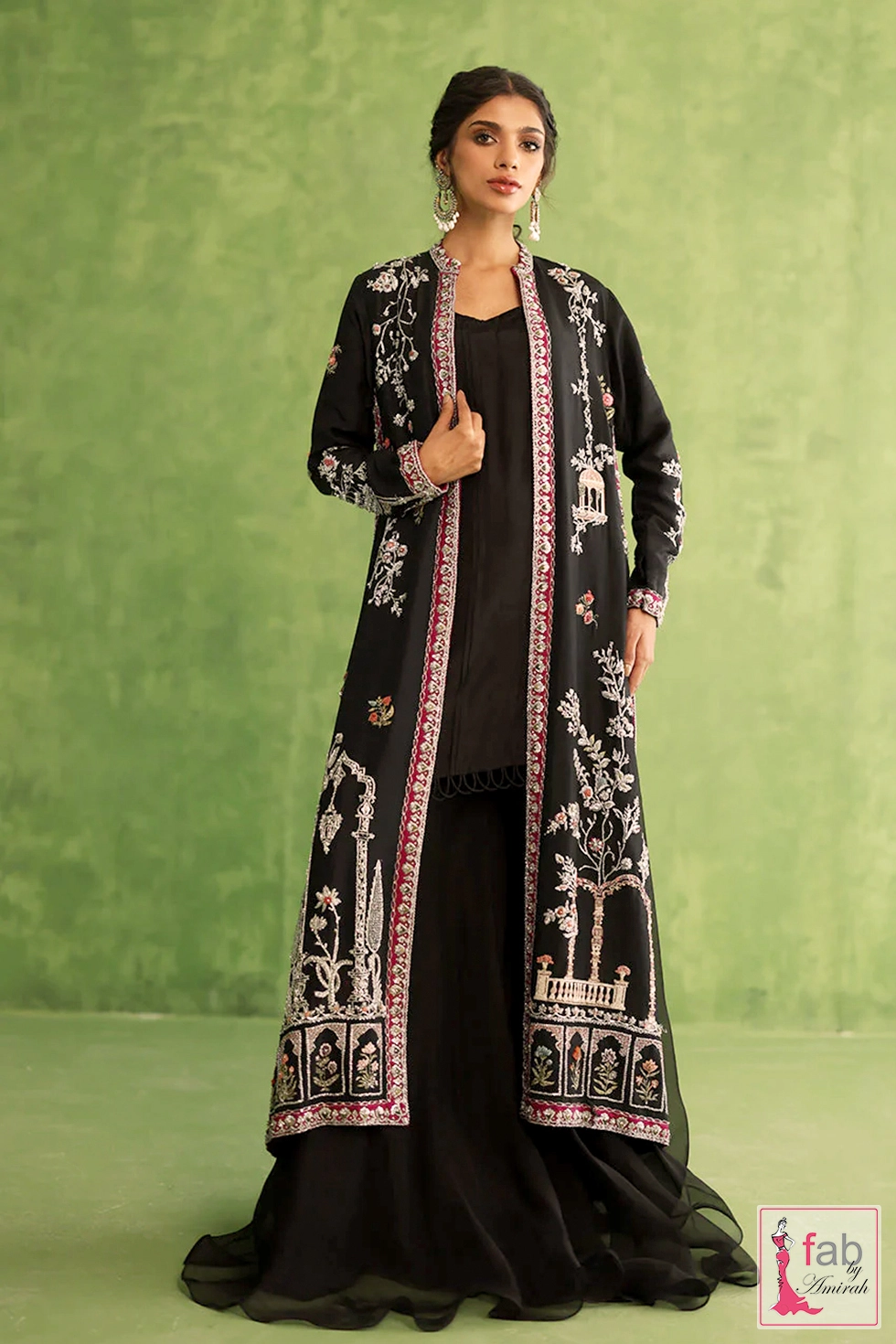 Close-up of hand-embroidered silver zardozi and fuchsia silk trim lapels