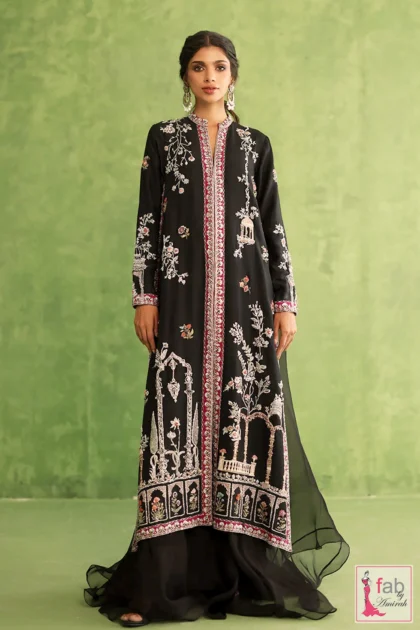 Raw Silk Front Open Gown in black with silver zardozi borders