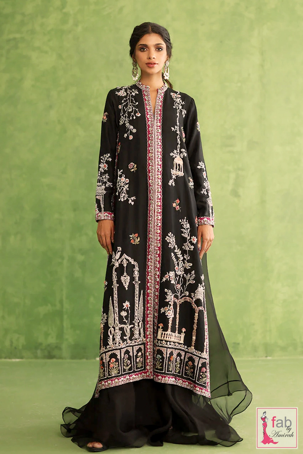Raw Silk Front Open Gown in black with silver zardozi borders