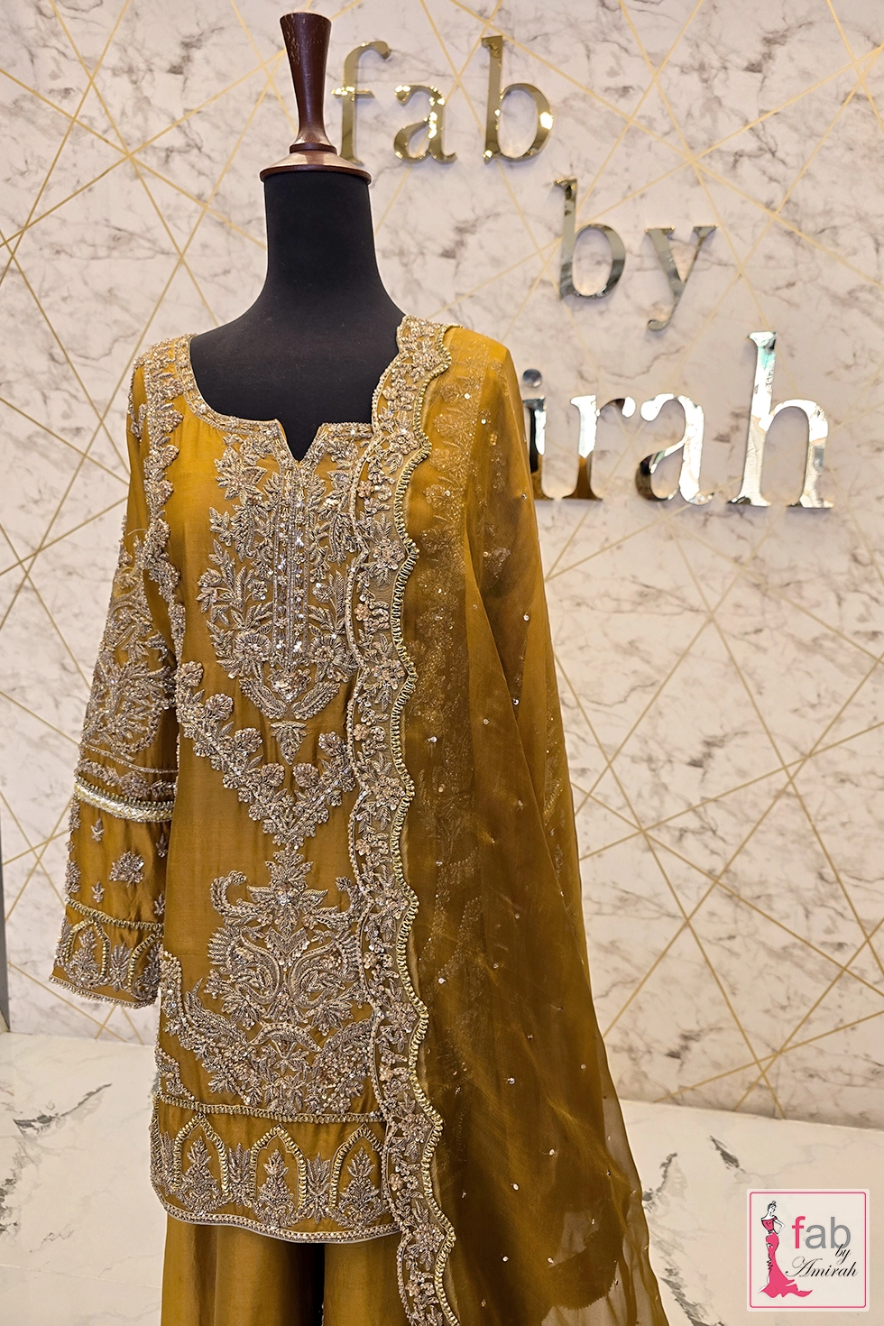 Front view detailing intricate silver zardozi embellishments across the front shirt