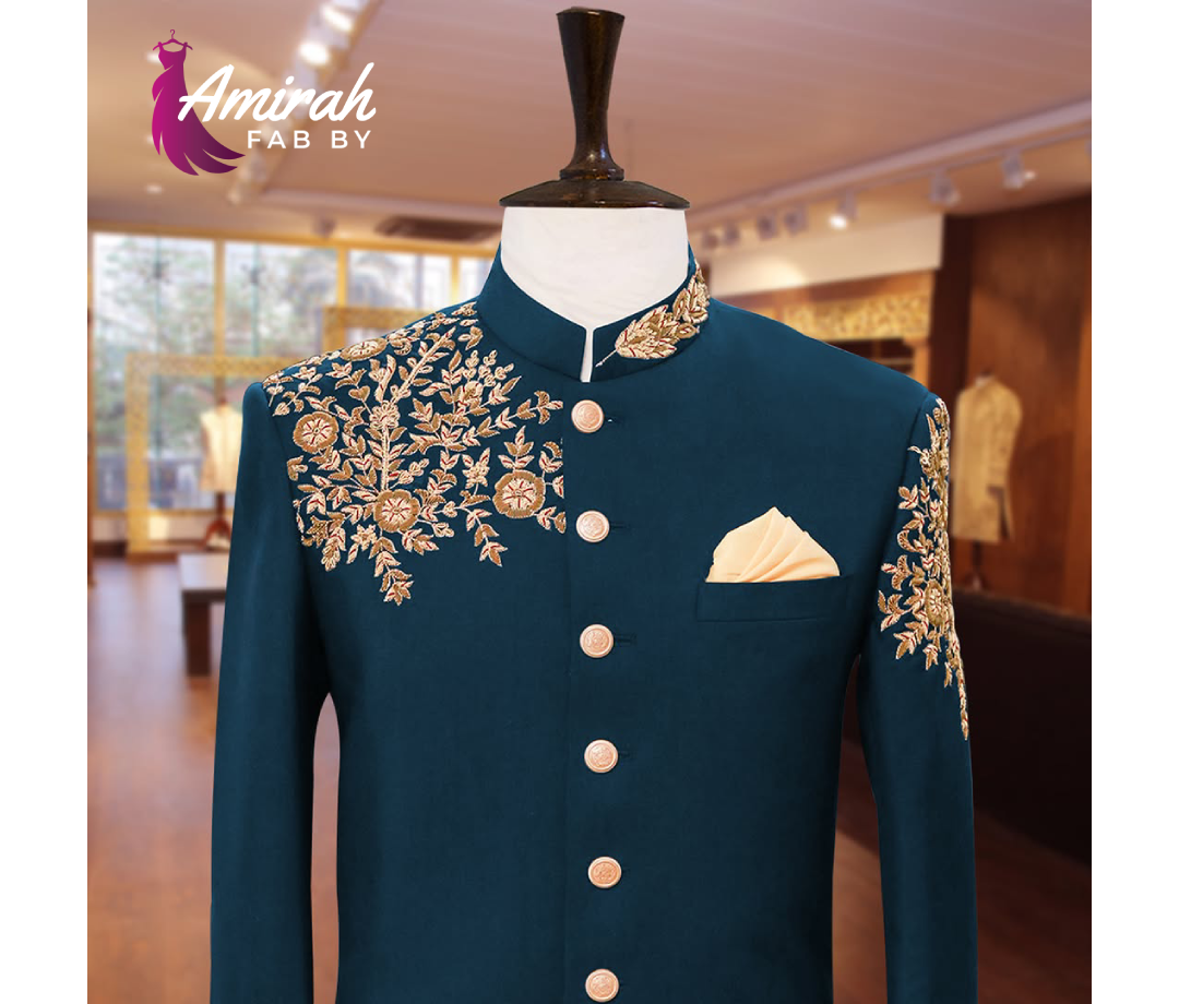 Blue Hand-Embroidered Sherwani