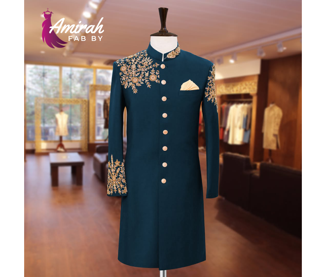 Blue Hand-Embroidered Sherwani