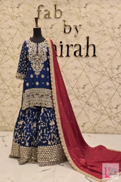 Royal blue embroidered party wear shirt paired with matching flared sharara pants