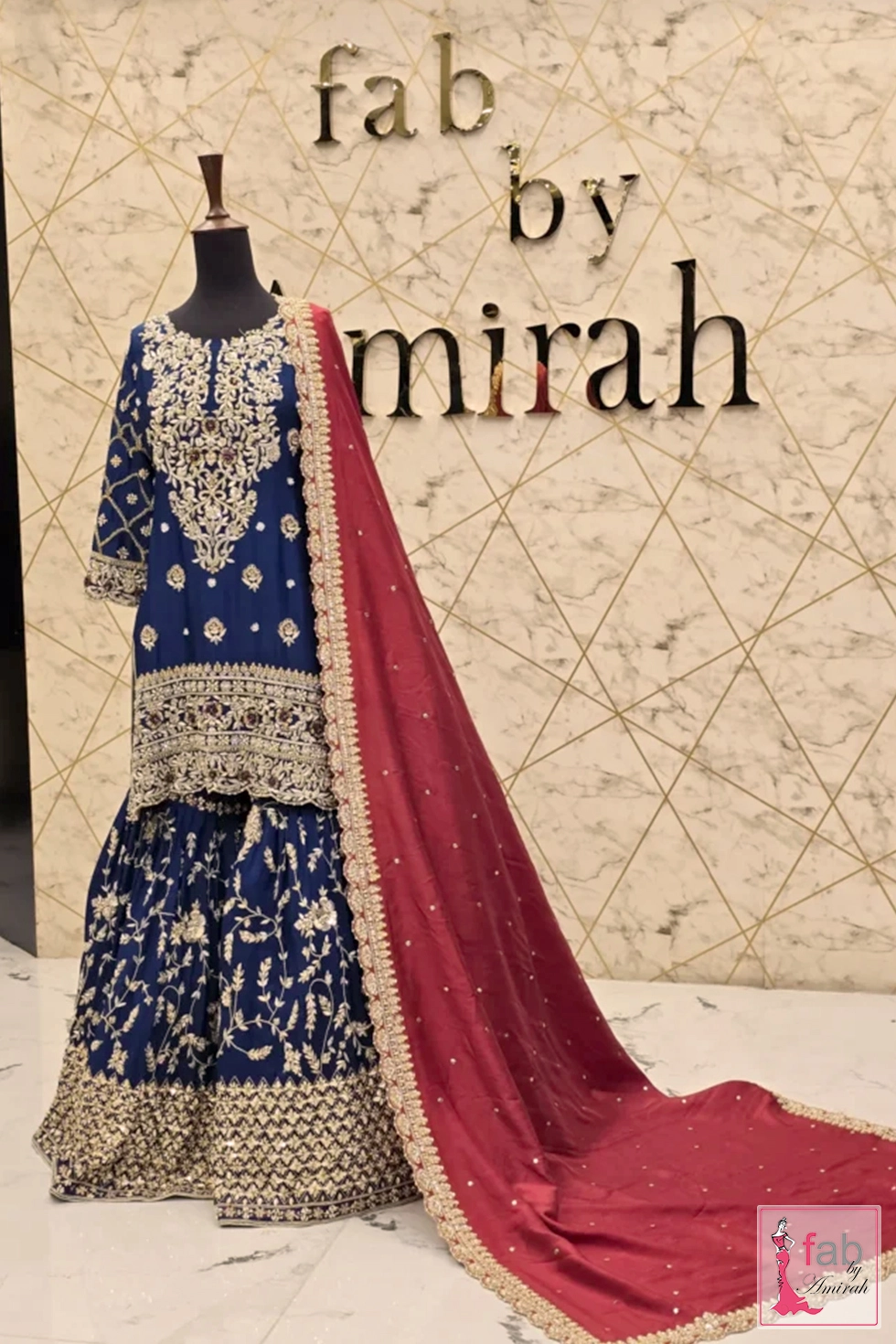 Full length view of blue shirt sharara set styled with contrast red dupatta