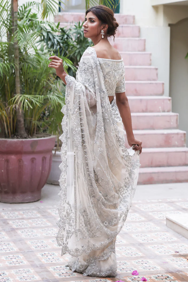 Luxury Ivory Saree with Silver Zardozi