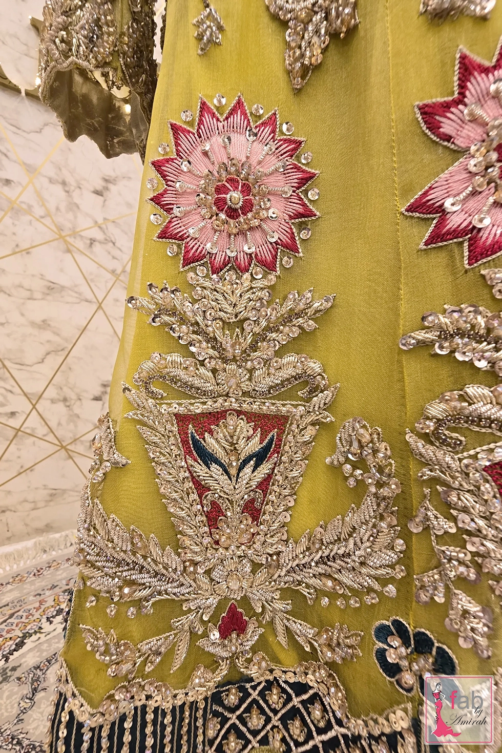 Close up of intricate floral resham threadwork and sequins embellishment Close up of intricate floral resham threadwork and sequins embellishment