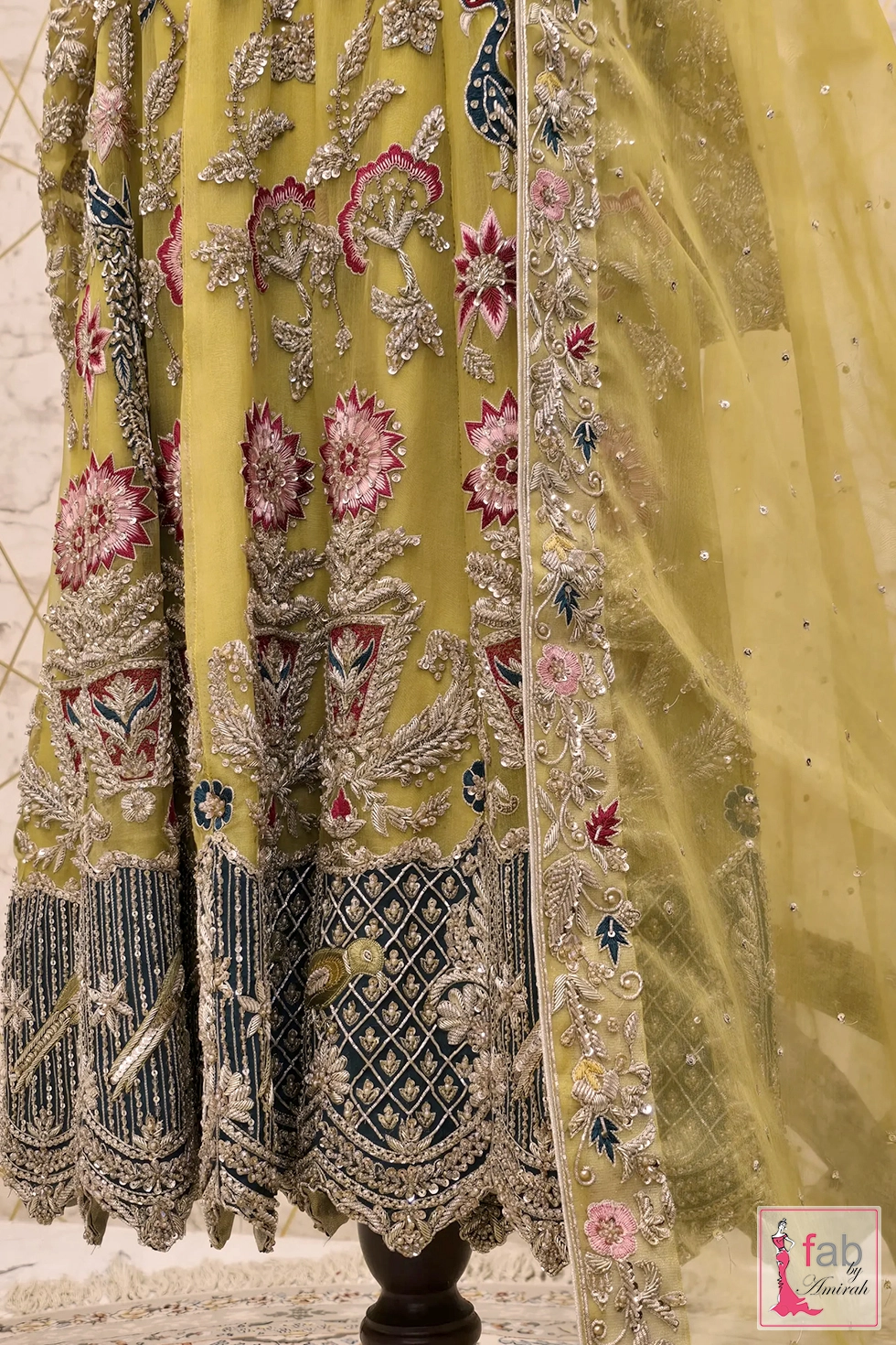 Side view showing flared hemline and matching net dupatta border Side view showing flared hemline and matching net dupatta border