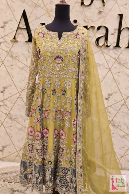 Radiant yellow hand embroidered maxi dress full length display on mannequin