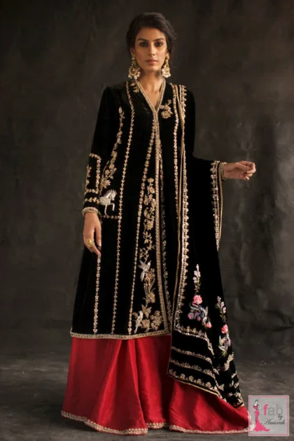 Raw Silk Chogha style black velvet formal dress by Fab By Amirah