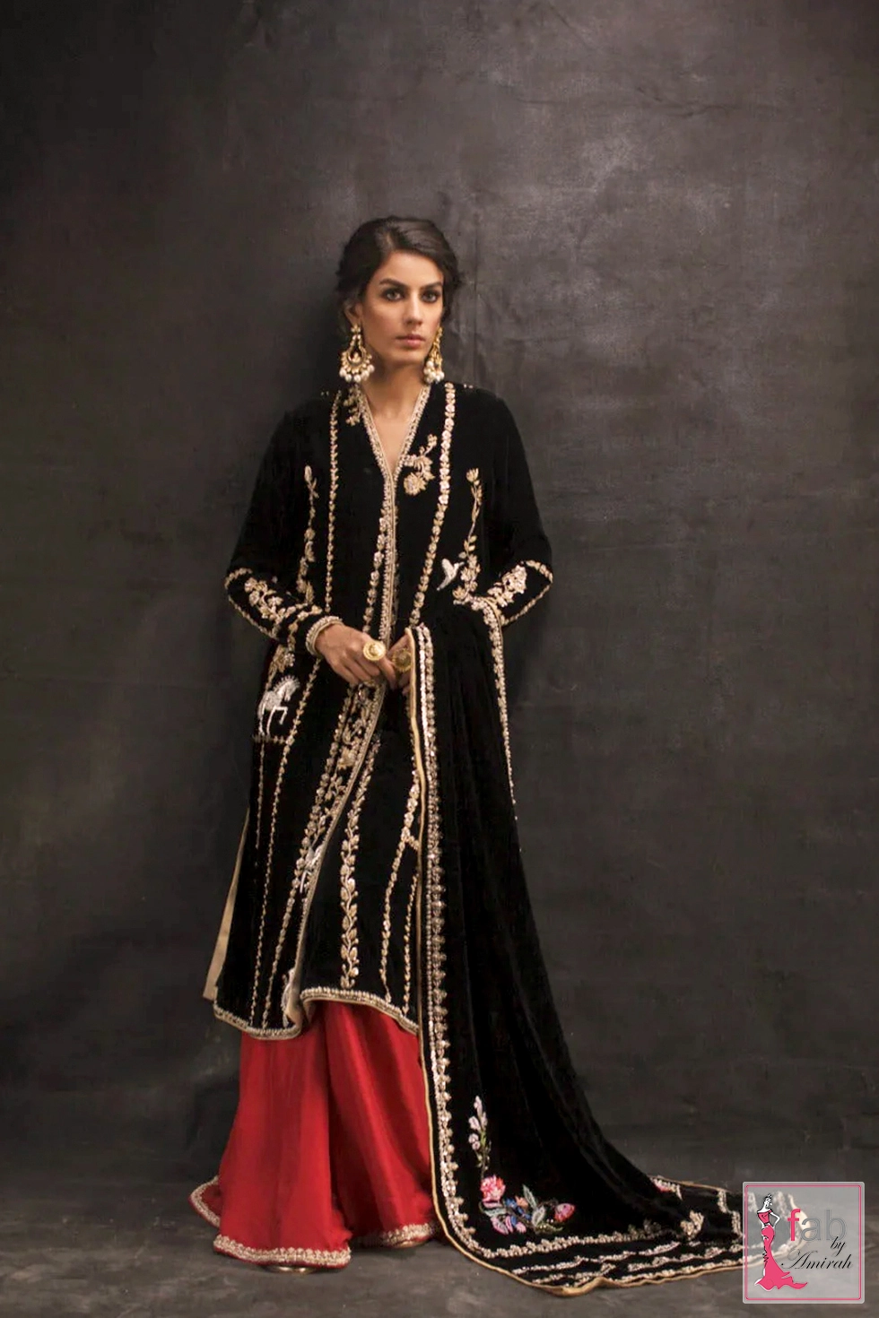 Complete black velvet chogha and silk pajama festive formal outfit