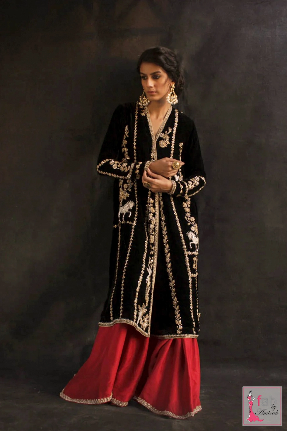 Close-up of zardozi horse embroidery on black velvet formal chogha