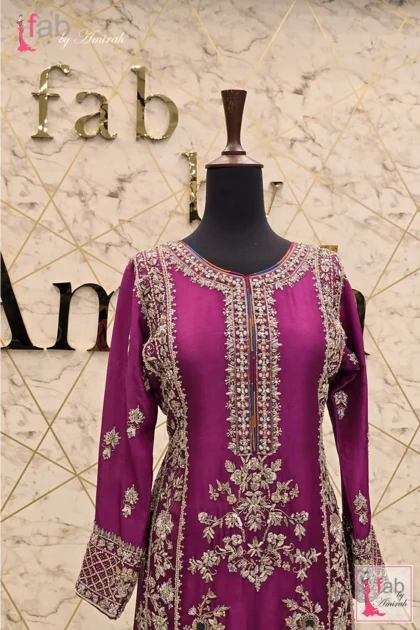 Upper bodice view displaying embellished front panel and long sleeves
