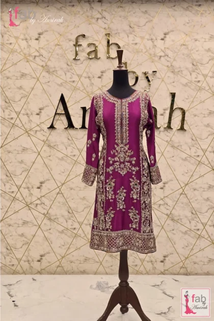Hand embellished purple raw silk shirt full length display on mannequin