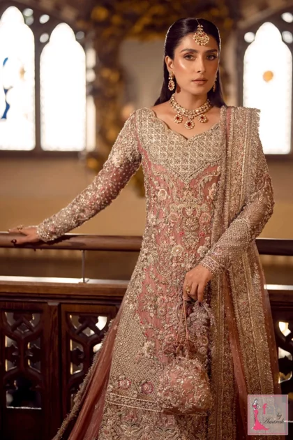 Close up front view showing intricate neck embellishment and matching jewelry