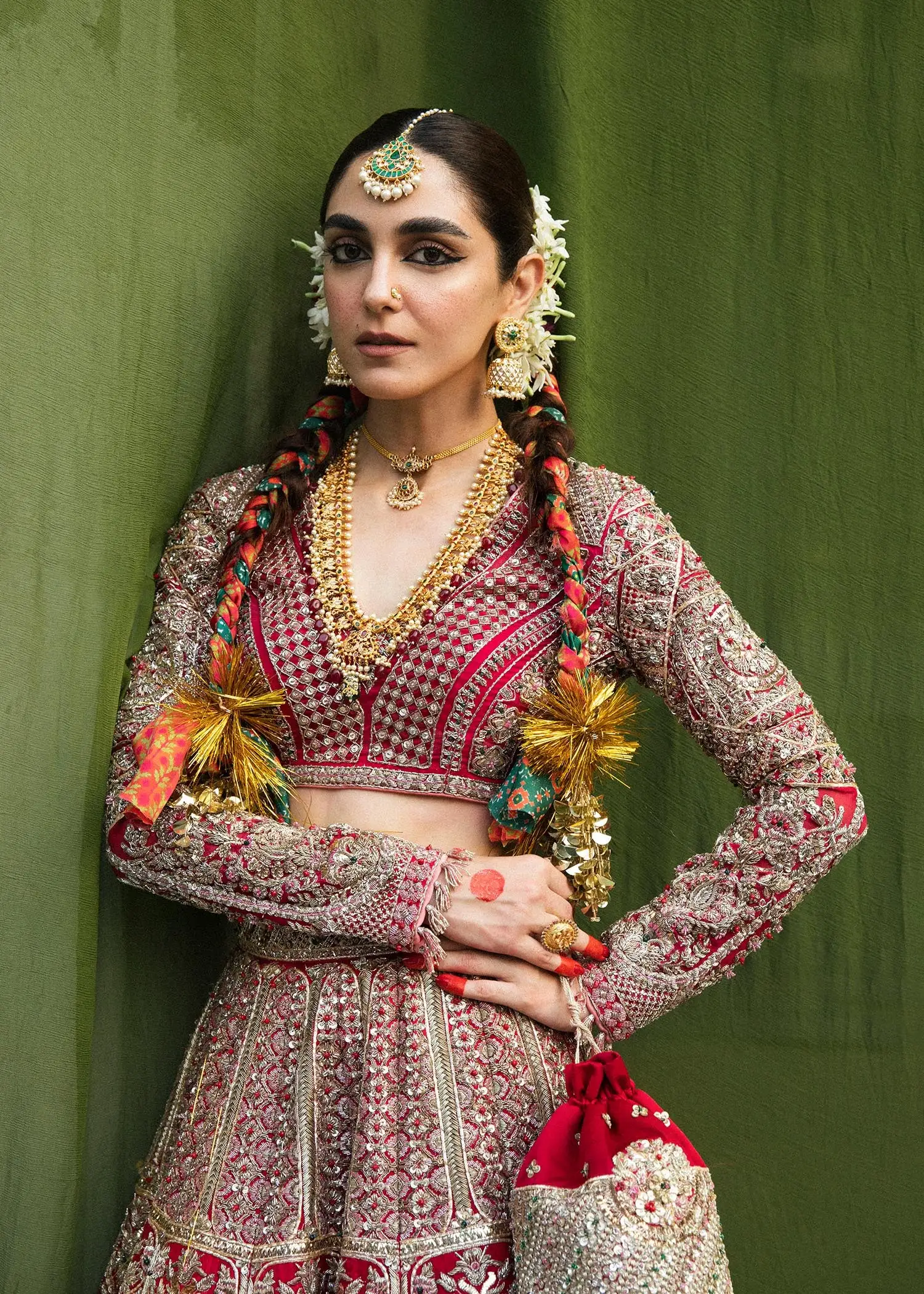 Exquisite Rosy Red Satin Silk Lehenga