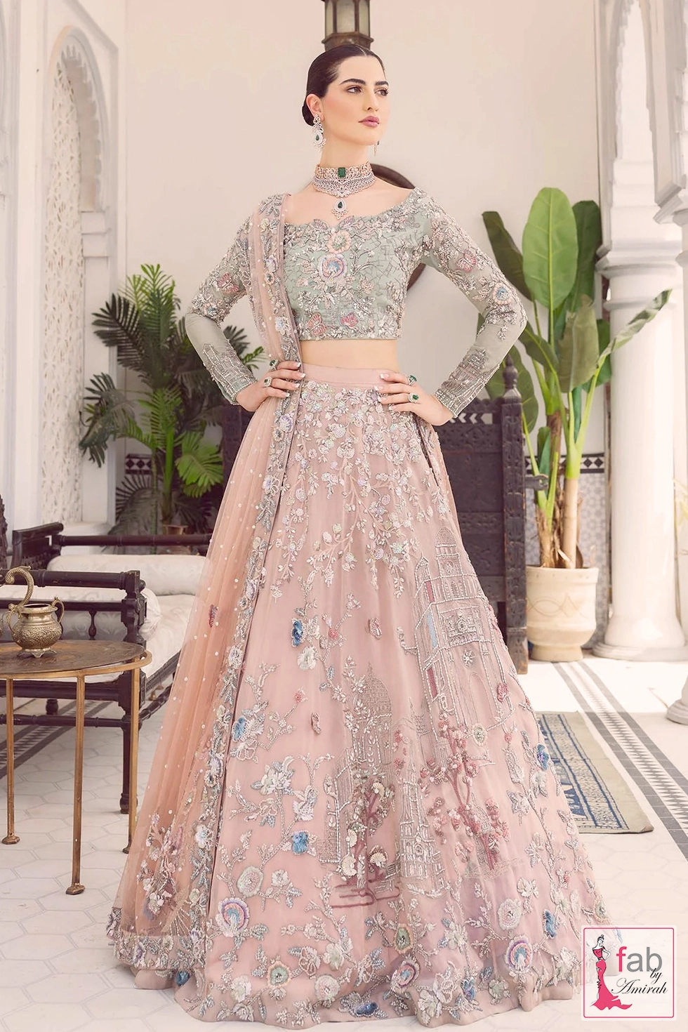 Raw Silk Lehnga with Hand Embroidered Zardozi Details 1 Full length pose showcasing flared Raw Silk Lehnga skirt and architectural motifs.