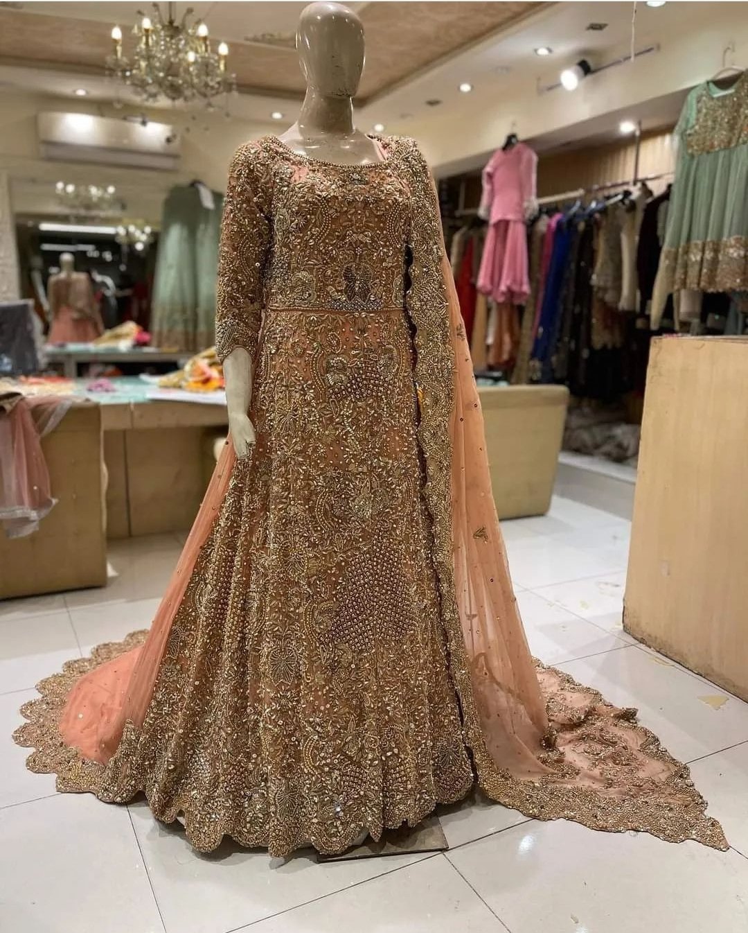 Enchanting Peach Pink Walima Maxi with Back Trail