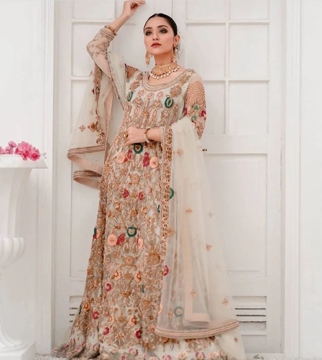 Ivory Floral Maxi for Walima: Embroidered Pakistani Bridal Gown 1 Maxi for Walima