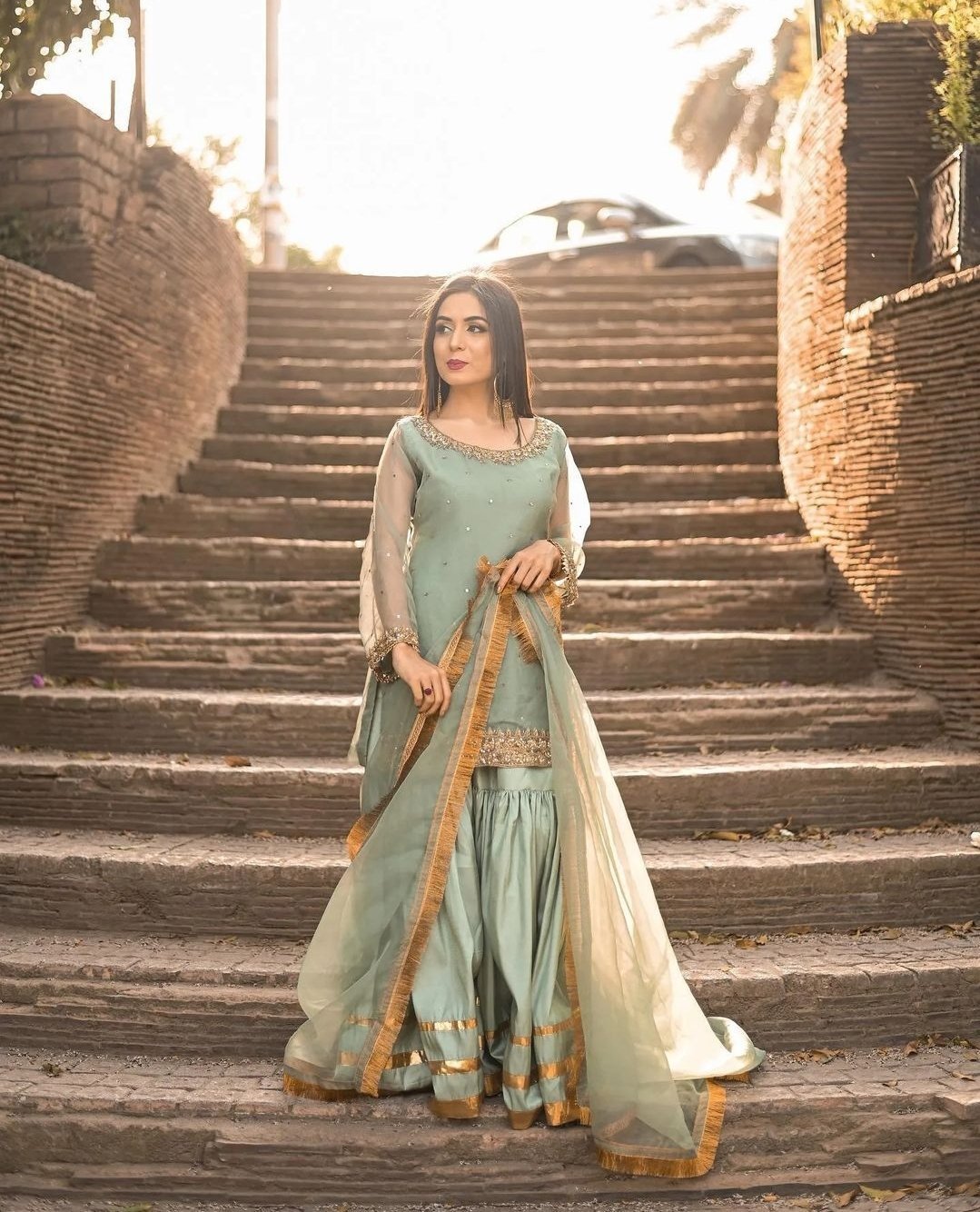 Stunning Light Ferozi Gharara Dress on Pure Raw Silk and Organza 1 Ferozi Bridal Gharara