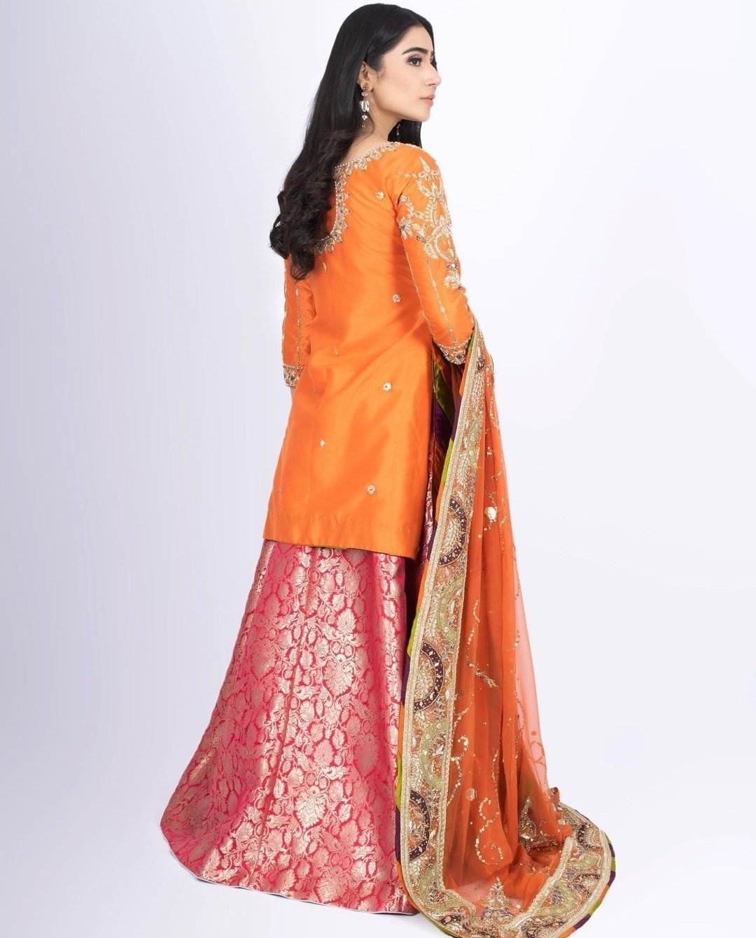 Luxurious Orange & Pink Long Shirt Sharara on Chiffon and Banarsi