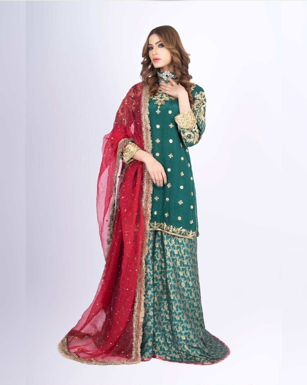 Vibrant Green & Pink Long Shirt Sharara on Raw Silk and Banarsi