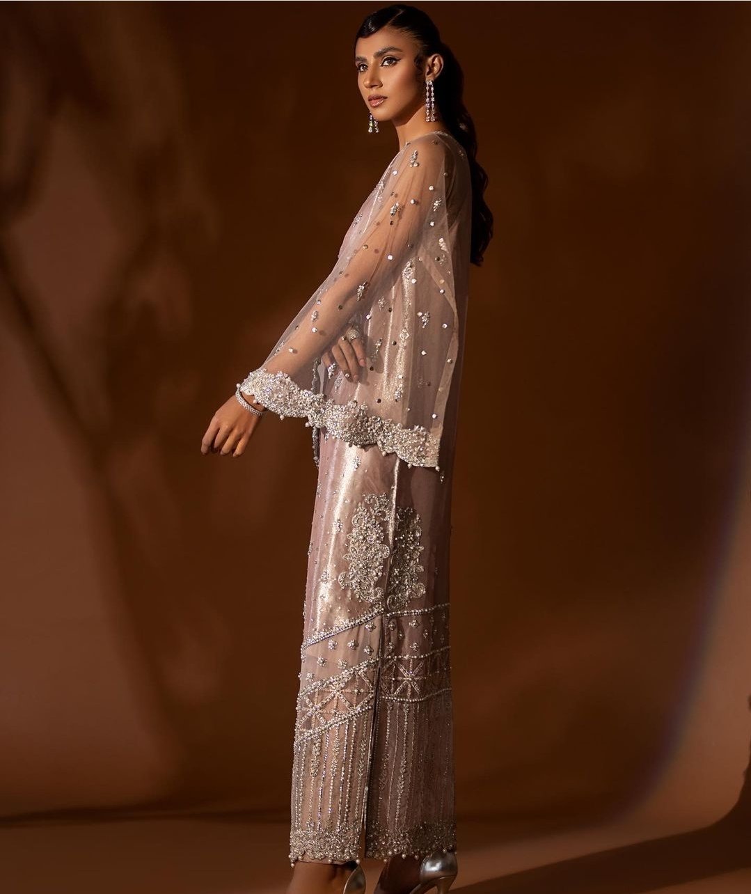 Long Peach Pink Shirt on Pure Chandi Tissue