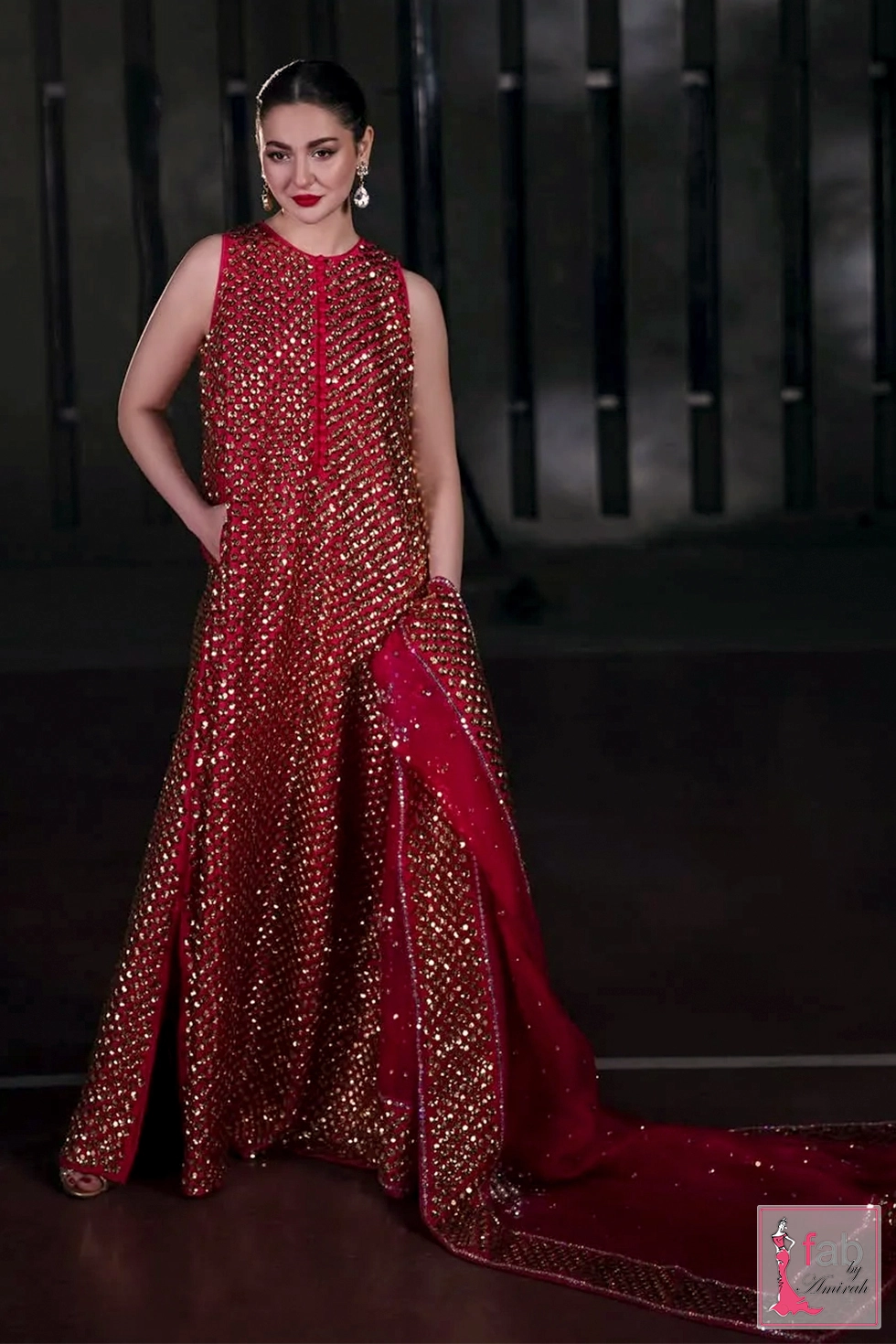 Sheer red dupatta drape with gold sequin scatter and decorative borders