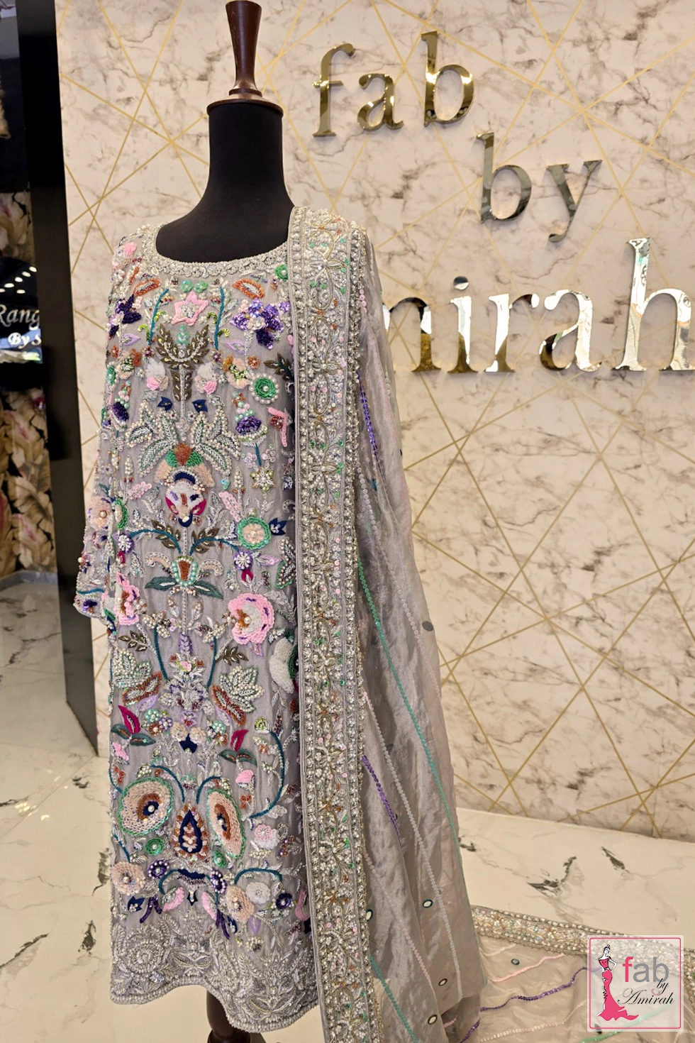 Hand embroidered formal wear grey long shirt and dupatta ensemble on mannequin