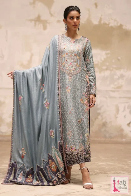Blue Pure Raw Silk Kurta with intricate resham trellis embroidery