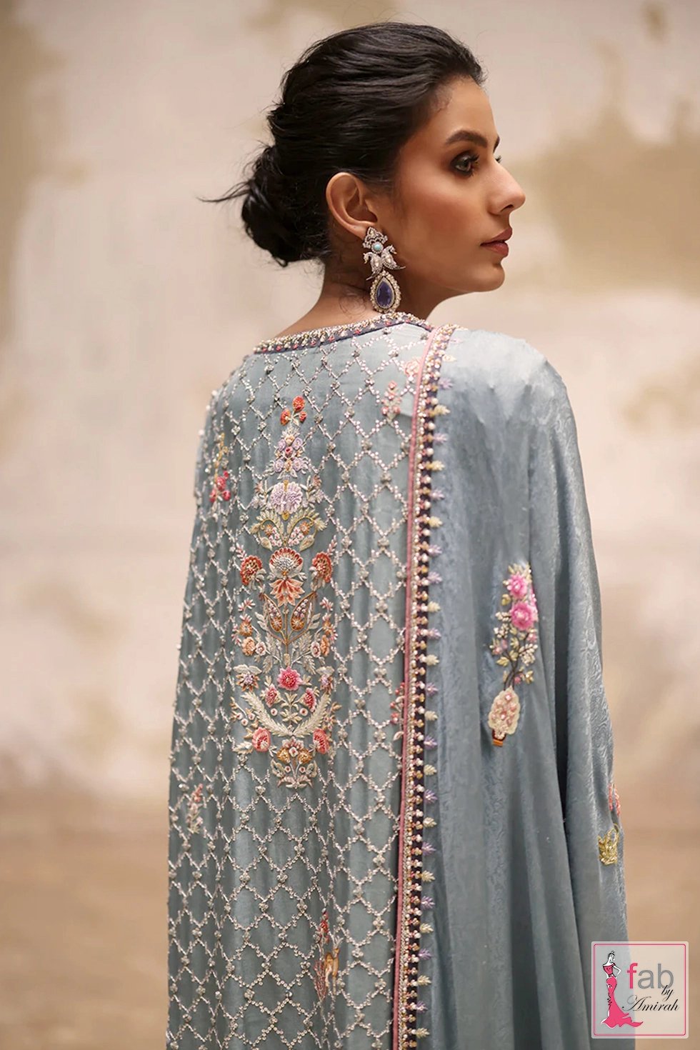 Mughal floral tree zardozi embroidery on back of blue shirt