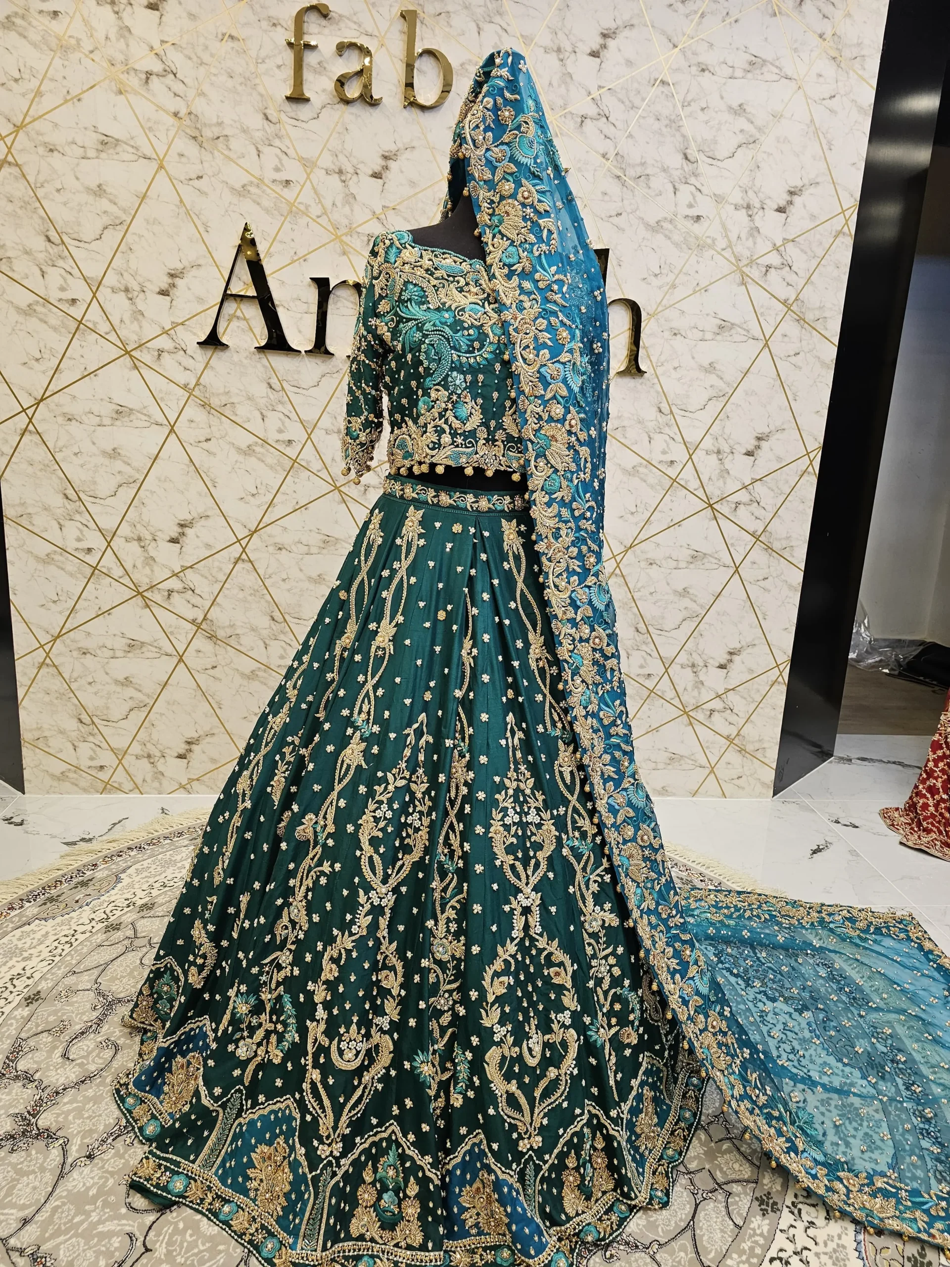 Green Bridal Lehnga with Gold Zardozi Work