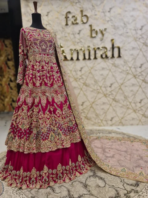 Pink Bridal Walima Dress with Hand Embroidery