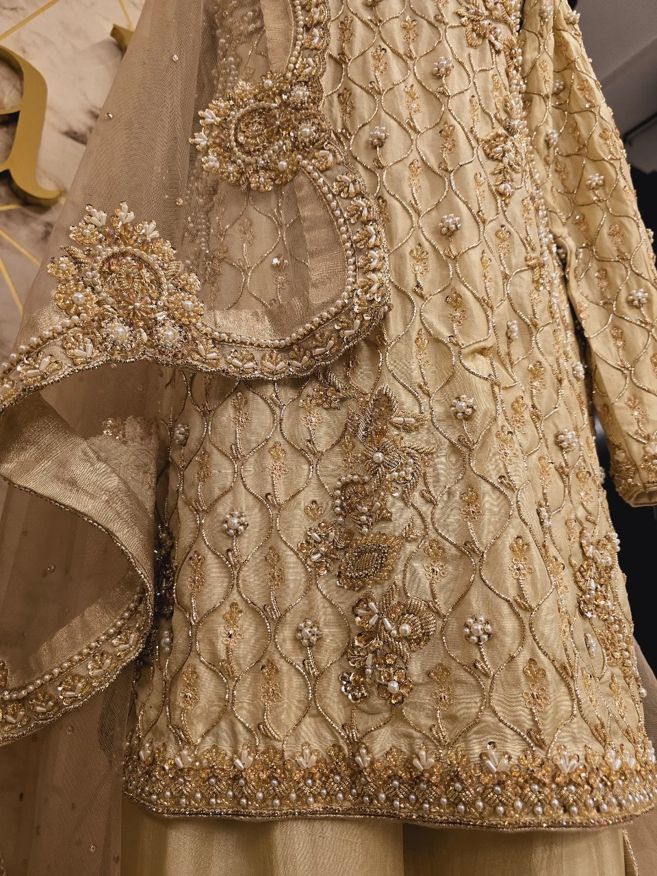 Elegant Beige Pakistani Party Wear Dress