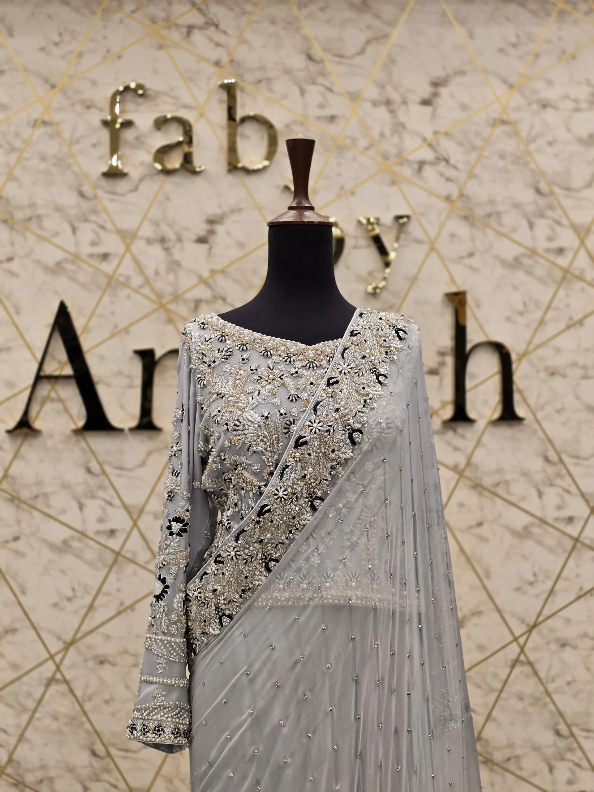 Elegant Steel Grey Crinkle Chiffon Saree