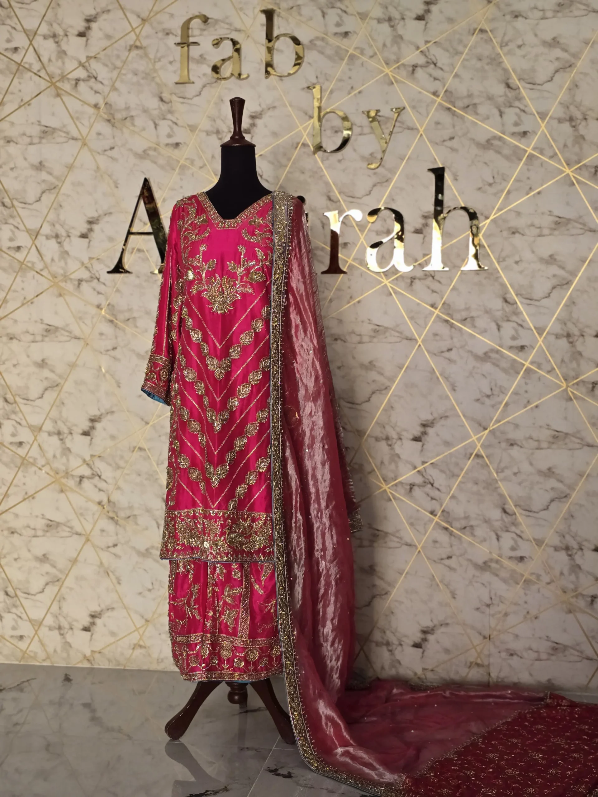 Shocking Pink Embroidered Party Wear Dress