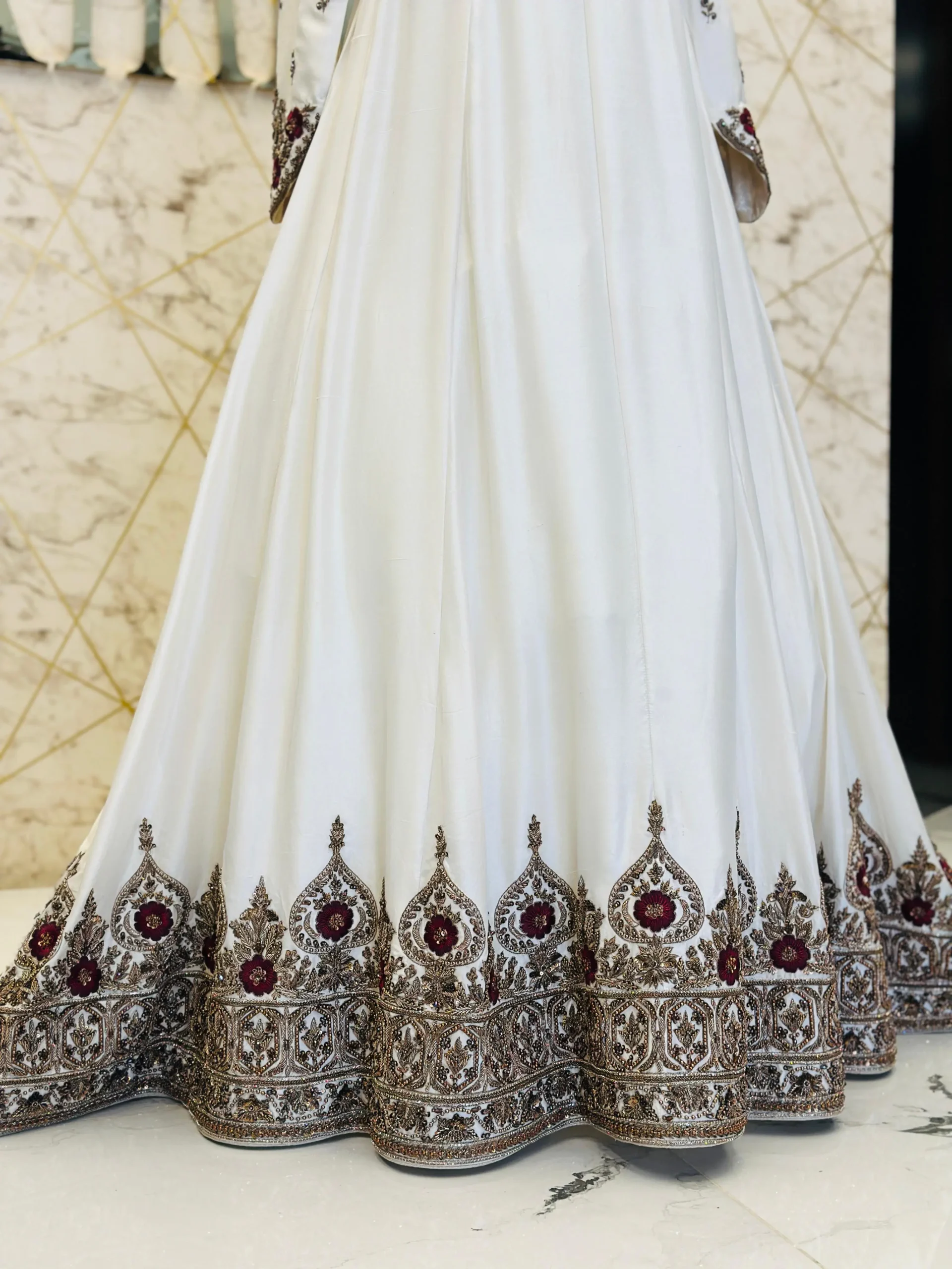 White Hand-Embroidered Raw Silk Maxi Dress