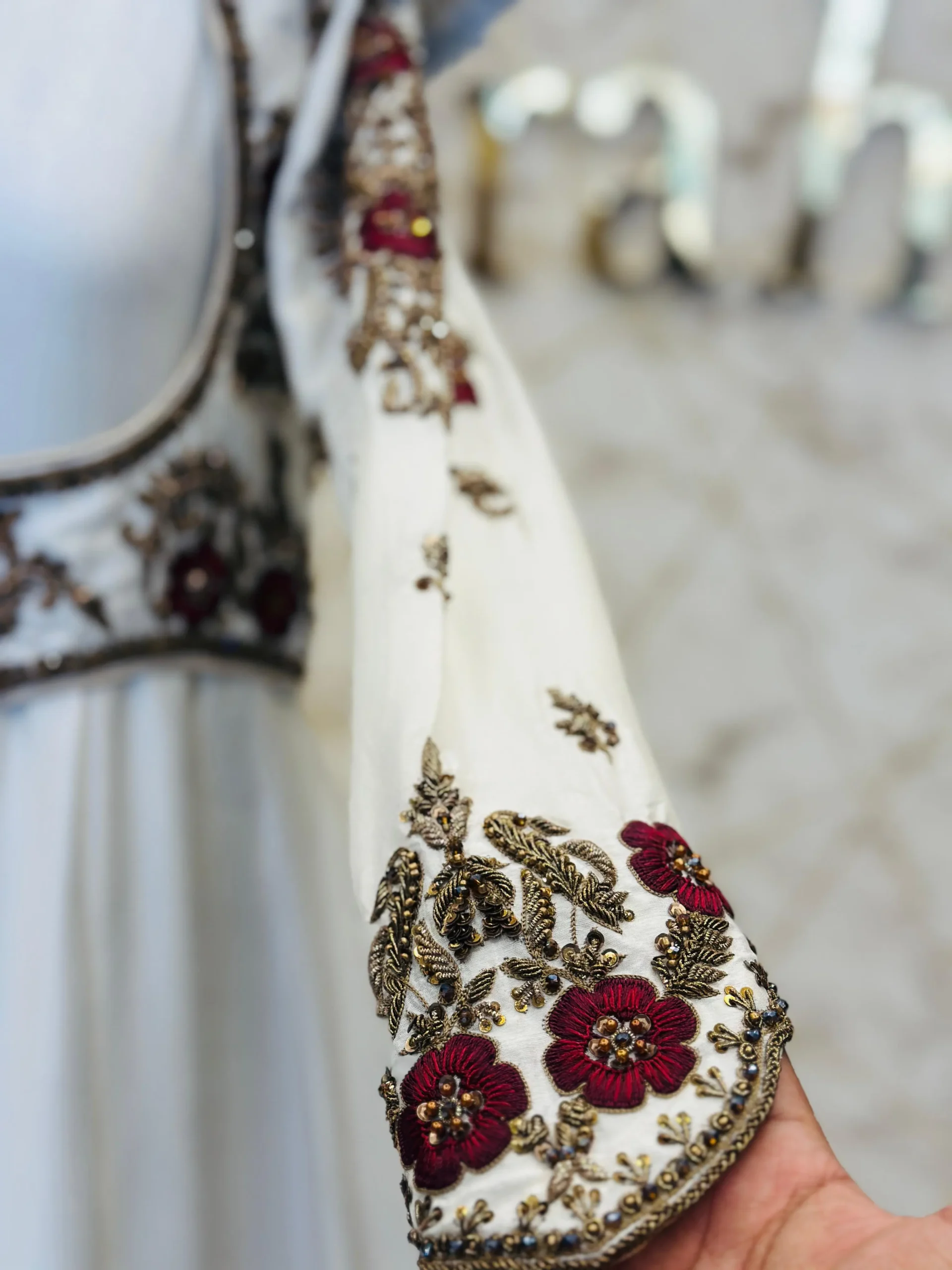 White Hand-Embroidered Raw Silk Maxi Dress