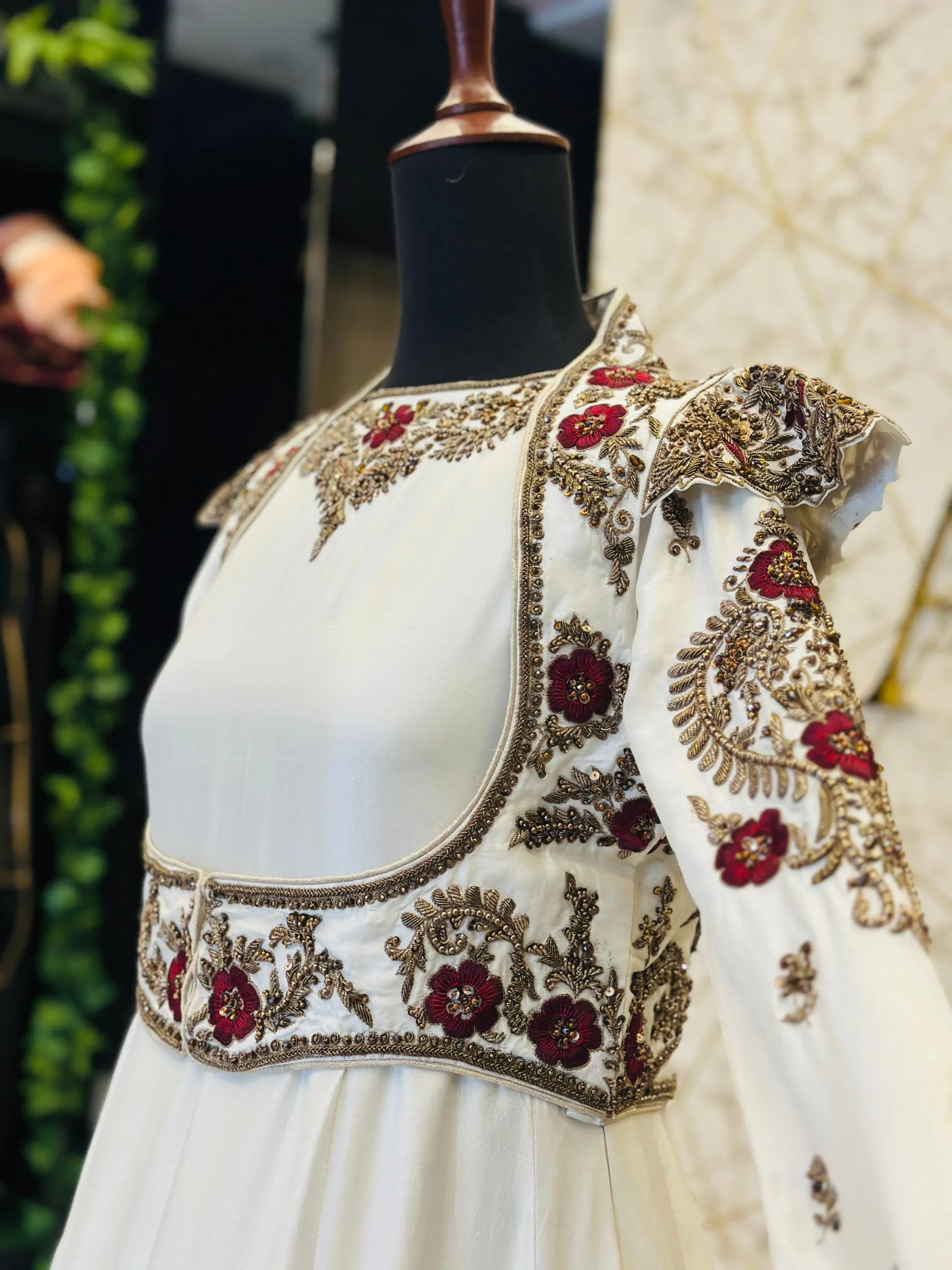 White Hand-Embroidered Raw Silk Maxi Dress