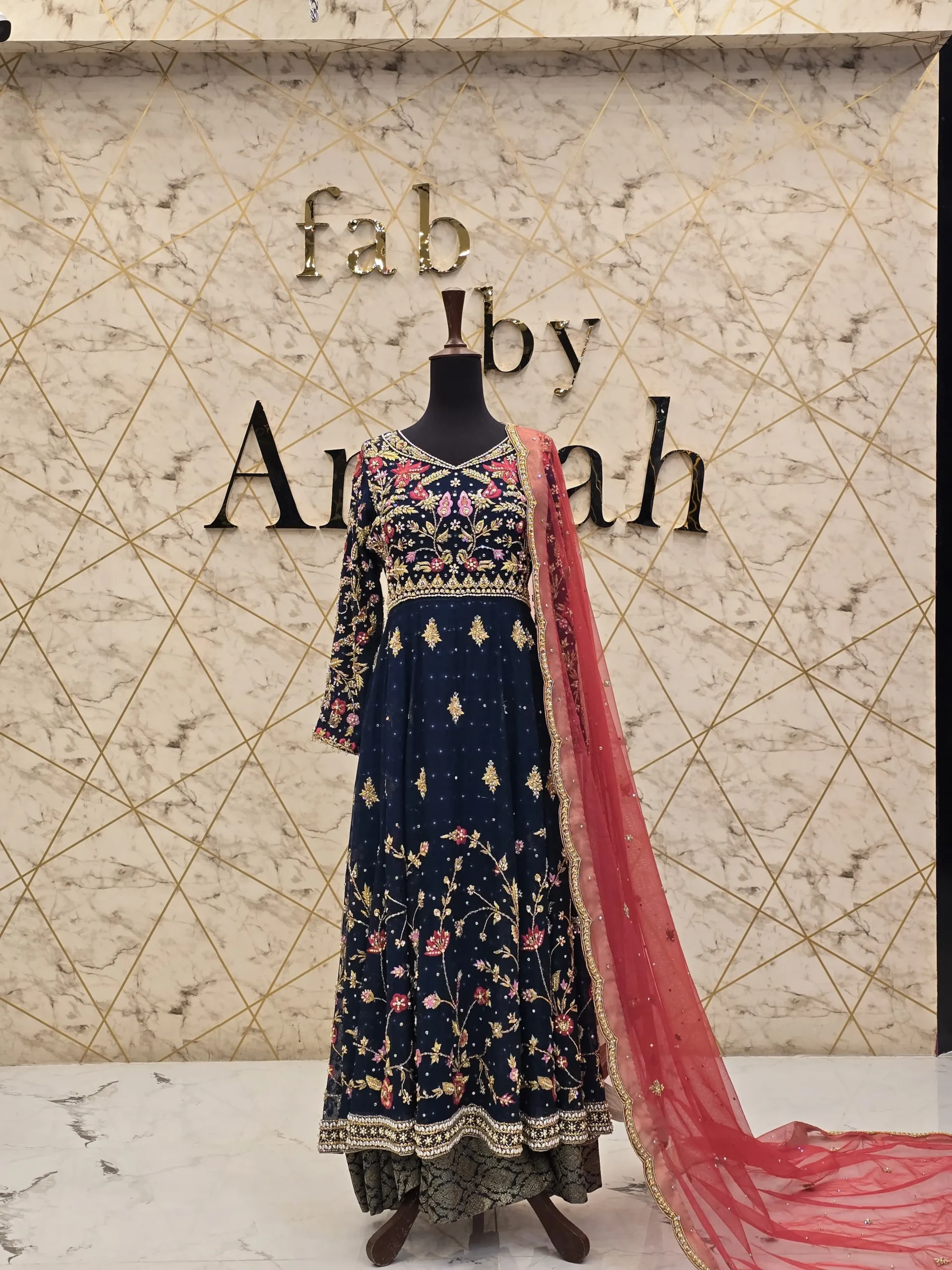 Blue Hand-Embroidered Khadi Net Maxi Dress