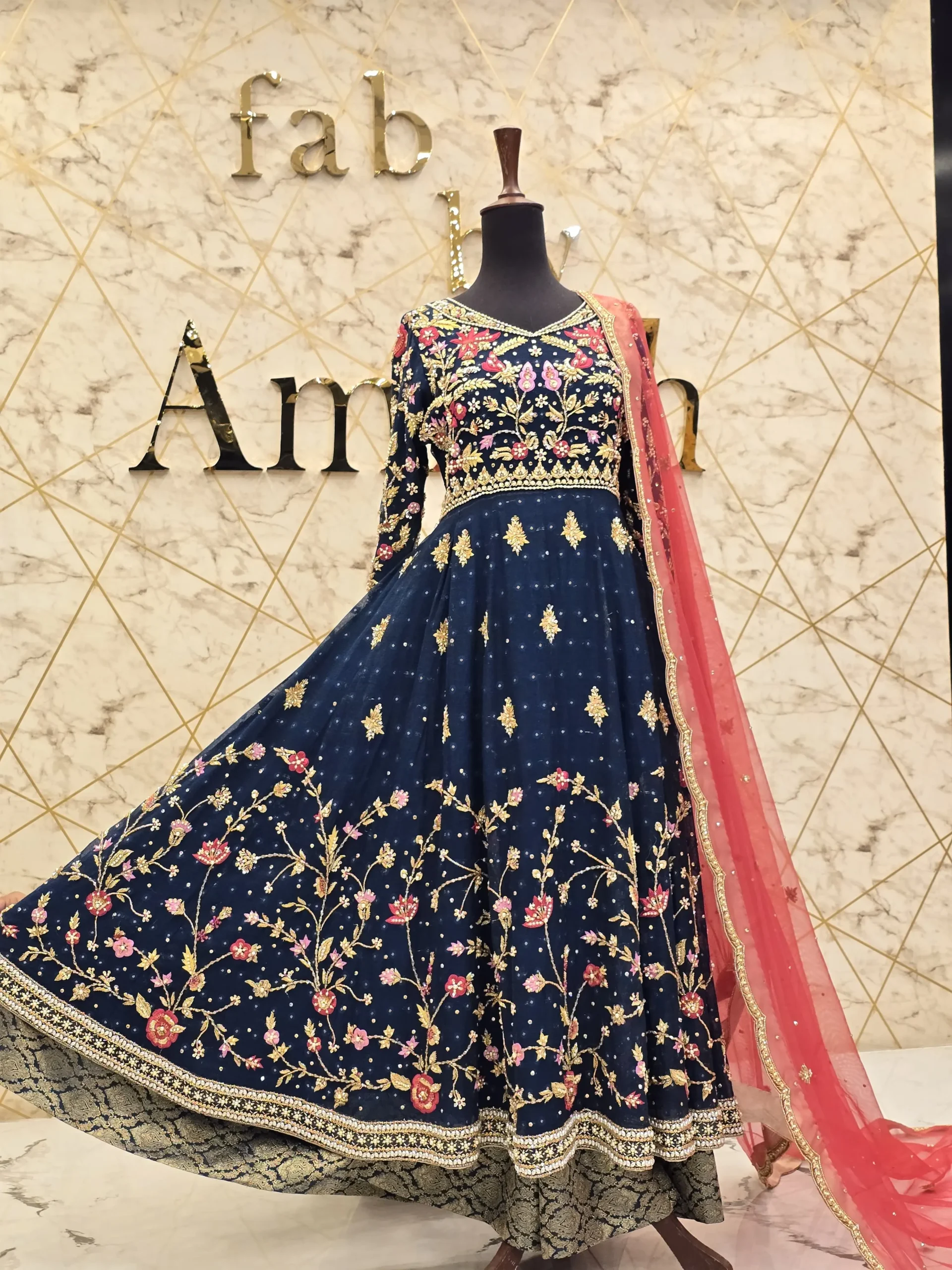 Blue Hand-Embroidered Khadi Net Maxi Dress