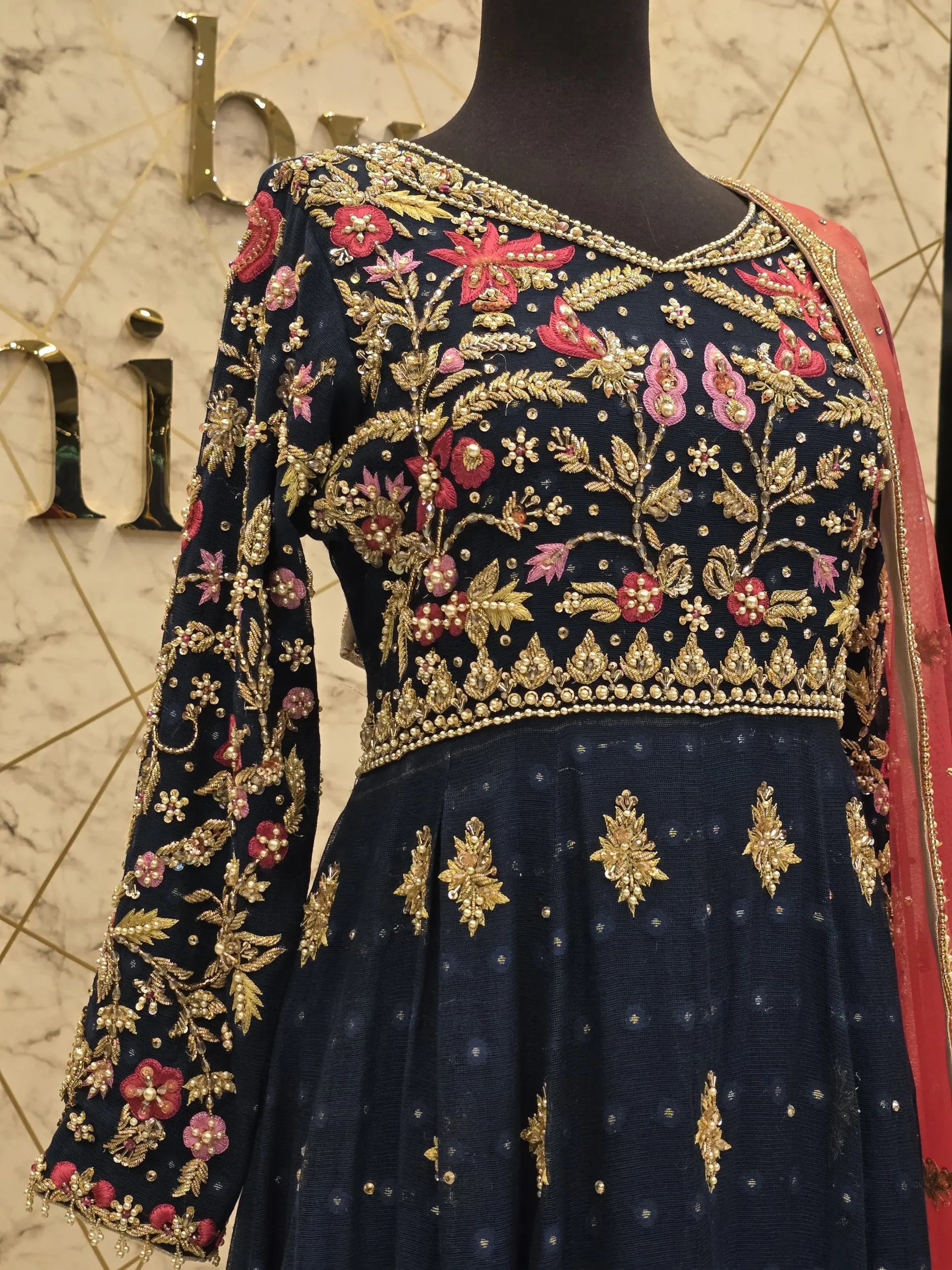 Blue Hand-Embroidered Khadi Net Maxi Dress