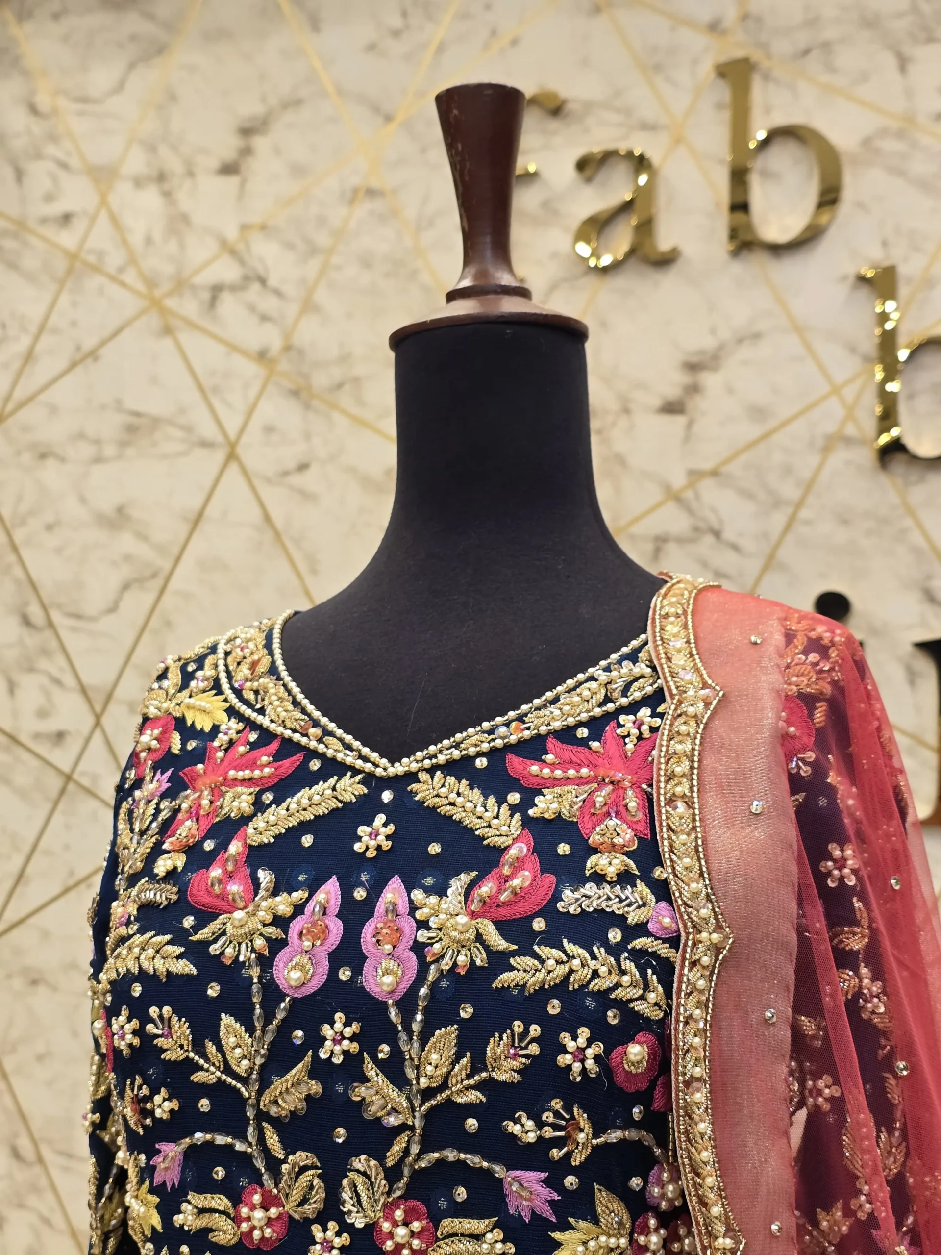 Blue Hand-Embroidered Khadi Net Maxi Dress