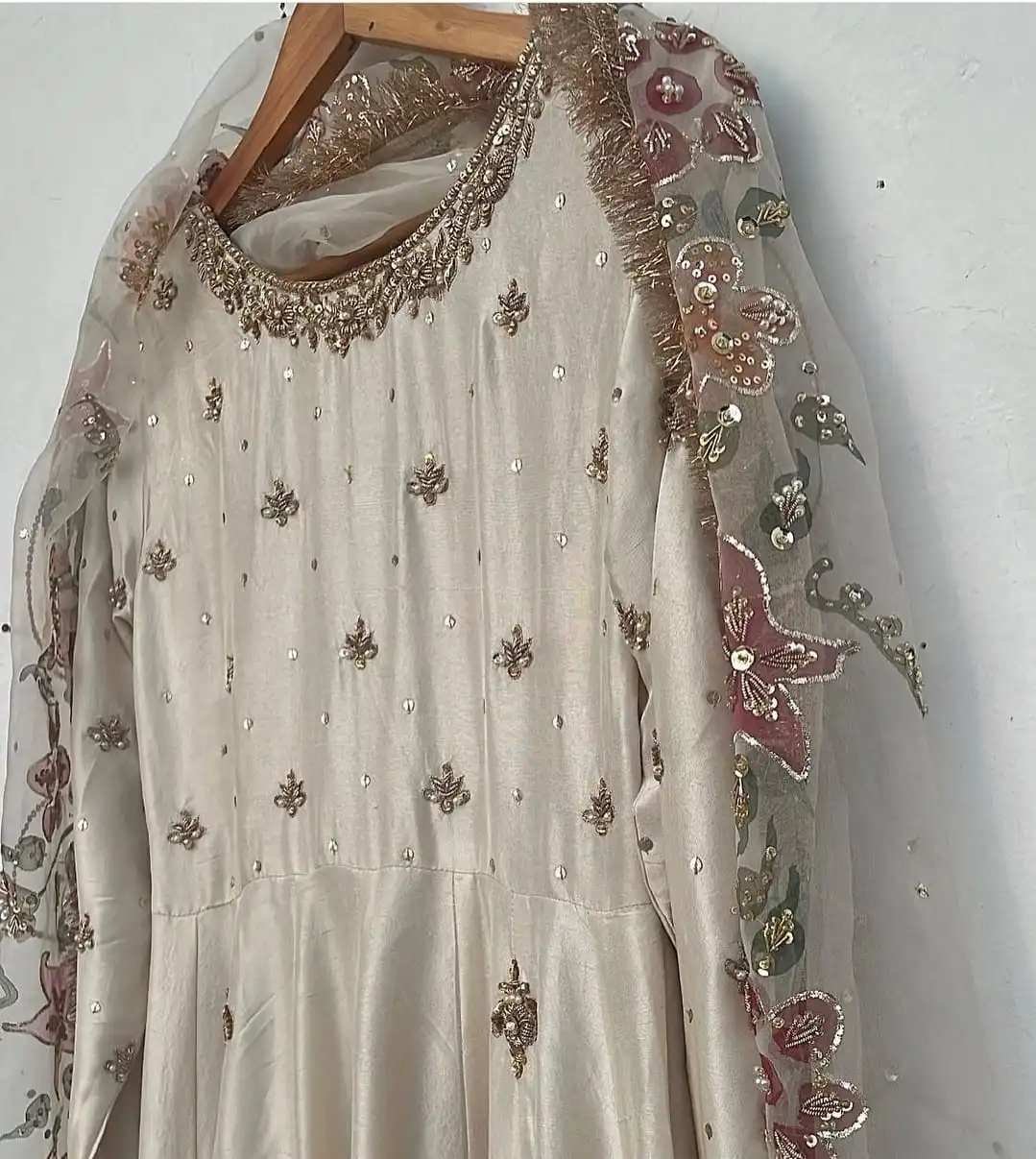 Pure Raw Silk Maxi Dress with Gold Organza Dupatta